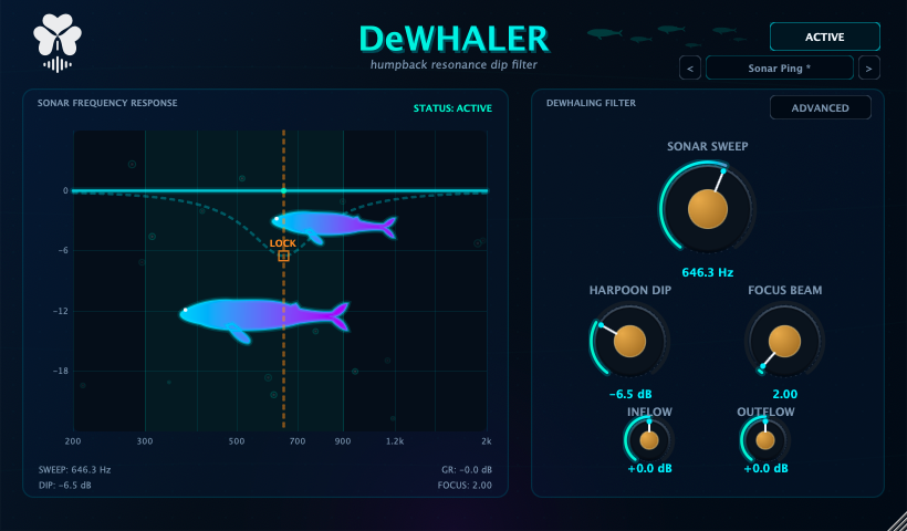 The DeWHALER interface: a sonar-style frequency response display showing the resonance dip, beside Sonar Sweep, Harpoon Dip, Focus Beam, Inflow and Outflow controls.