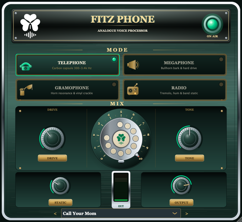 The FITZ PHONE interface: an emerald and brass console with four character modes (Telephone, Megaphone, Gramophone, Radio), a rotary dial, and Drive, Tone, Static and Out controls.