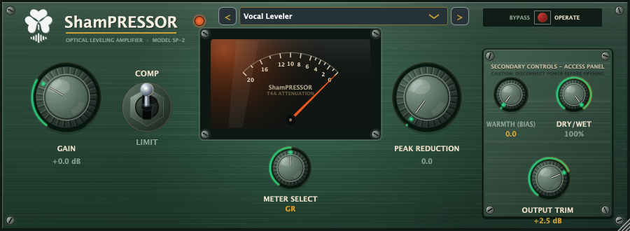 The ShamPRESSOR interface: an optical leveling amplifier with a backlit VU meter, Gain, Comp/Limit, Peak Reduction and Meter Select controls.