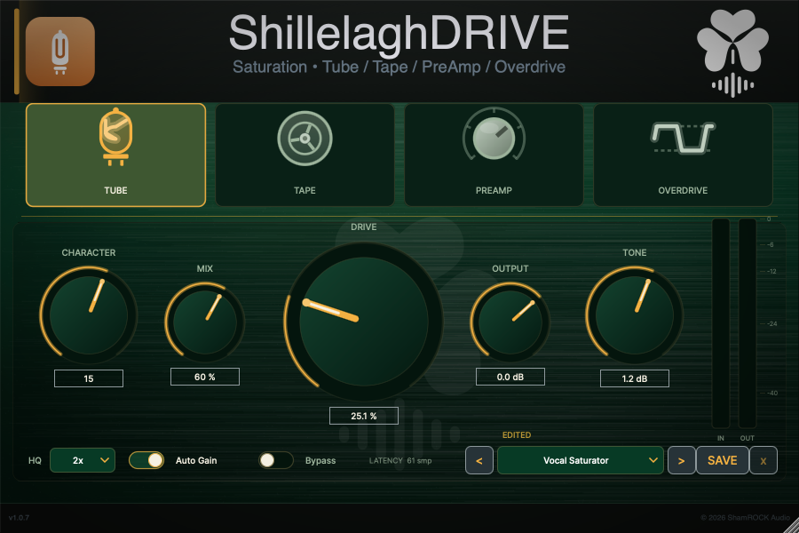 The ShillelaghDRIVE interface: Tube, Tape, PreAmp and Overdrive mode tabs above Character, Mix, Drive, Output and Tone controls with input and output meters.